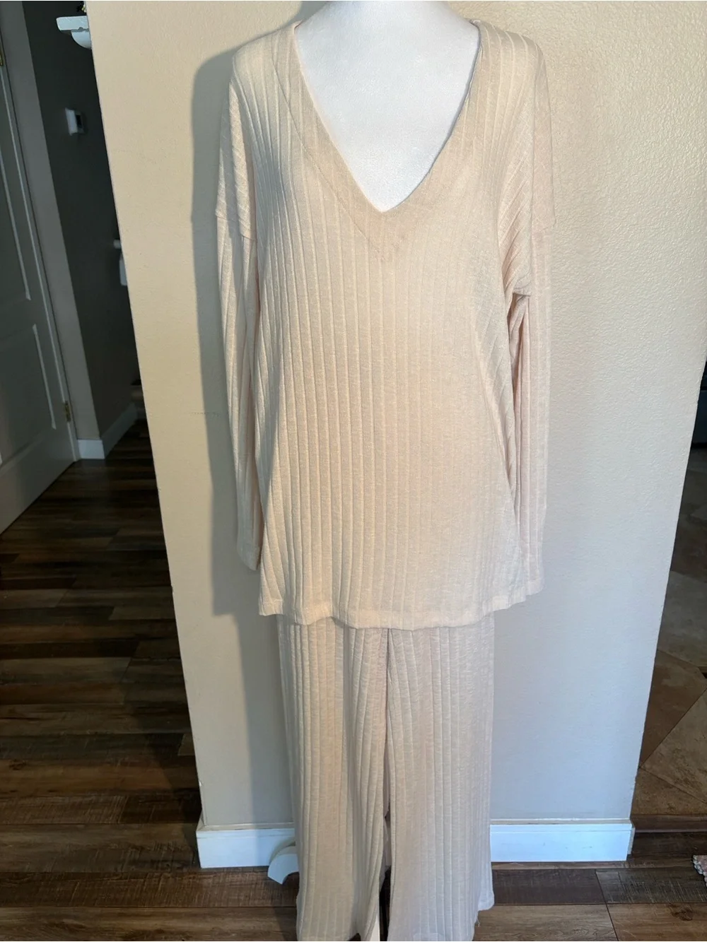 Free People Light Cream Ribbed V-Neck Sweater/pants set